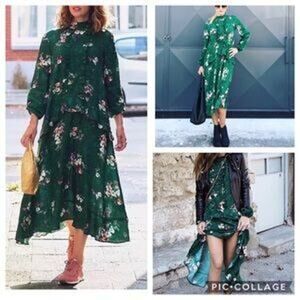 H&M Green Floral Ruffle Midi Dress Ltd Edition Cottagecore Boho Blogger Fav Sz 4